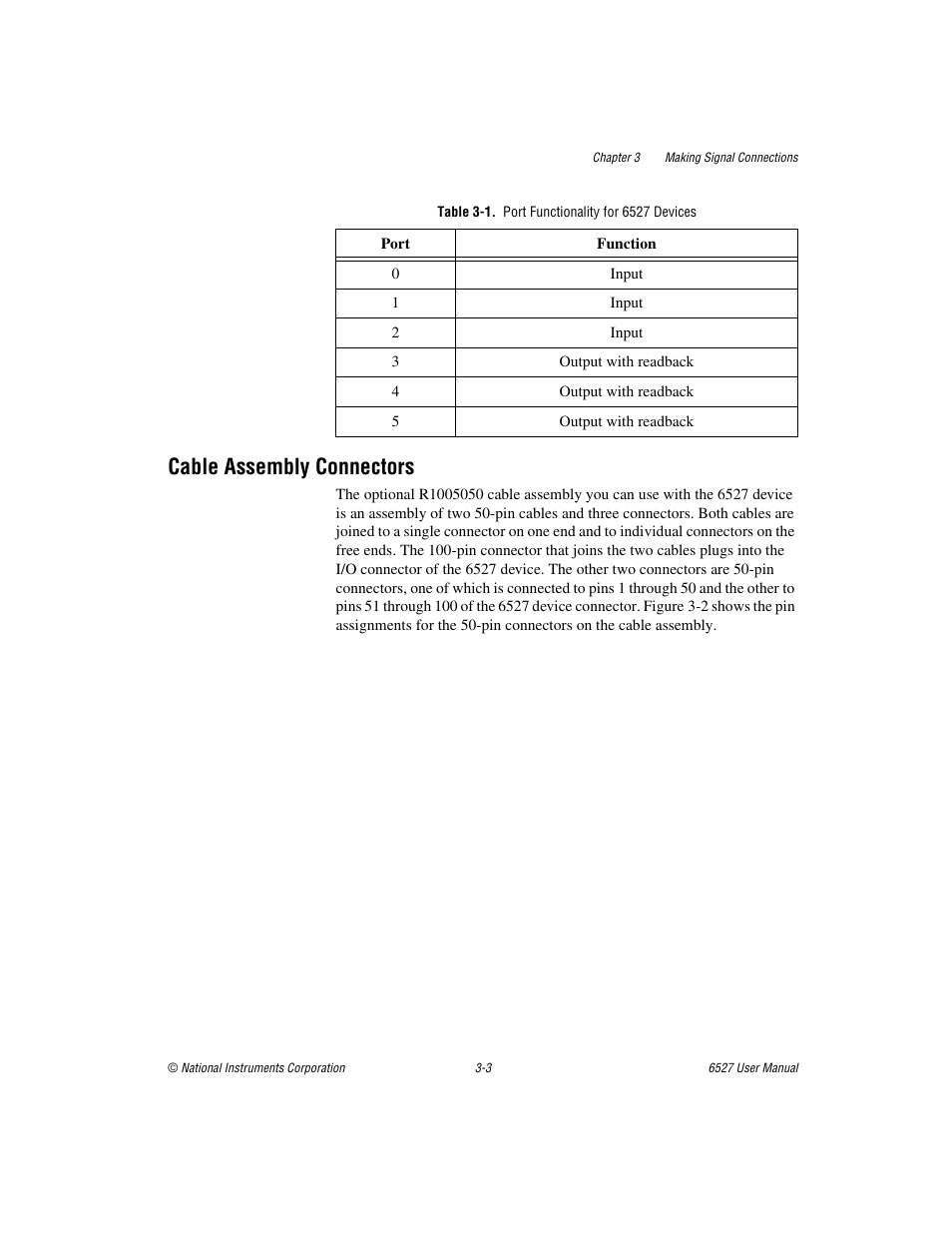 Table 3-1. port functionality for 6527 devices, Cable assembly connectors, Cable assembly connectors -3 | National Instruments 6527 User Manual | Page 19 / 47