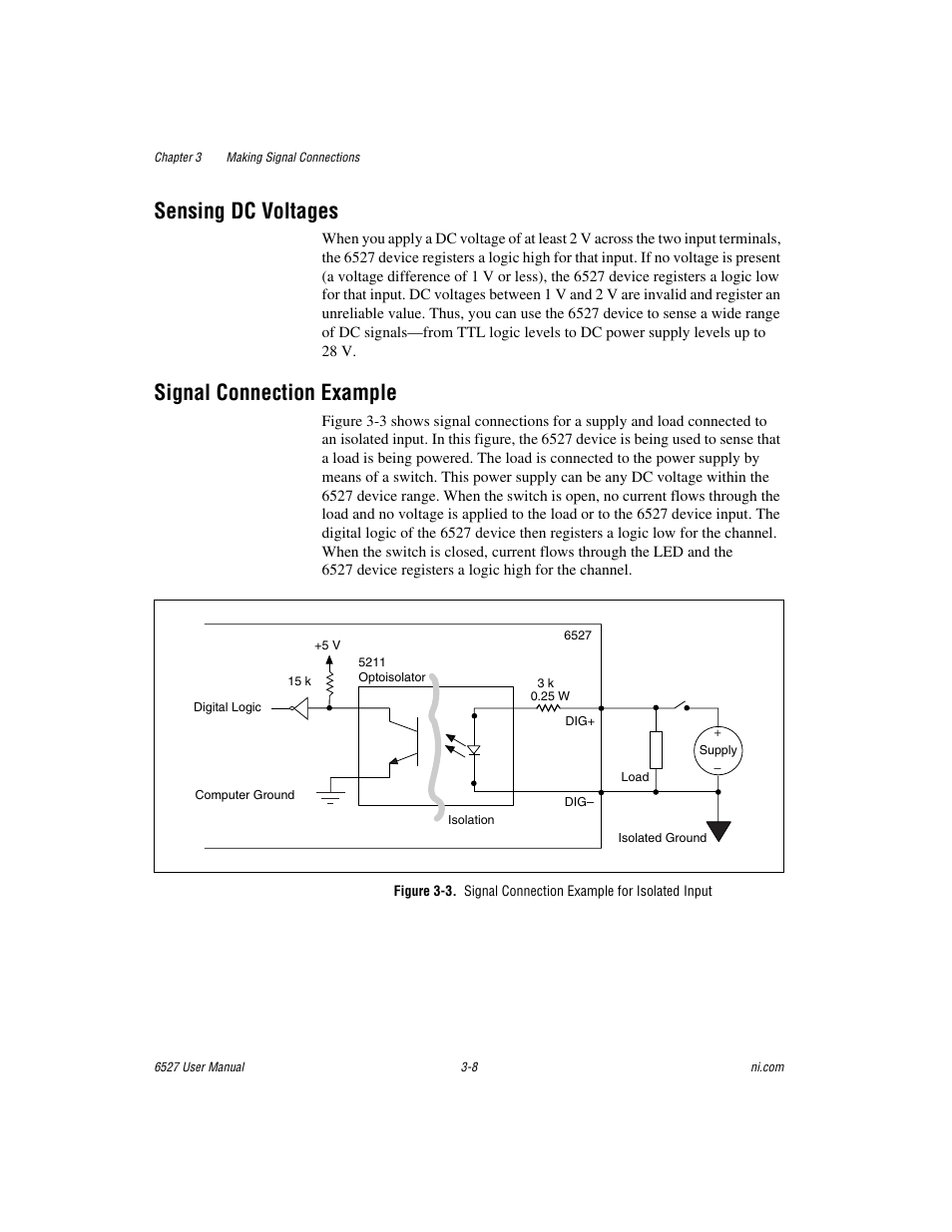 Sensing dc voltages, Signal connection example | National Instruments 6527 User Manual | Page 24 / 47