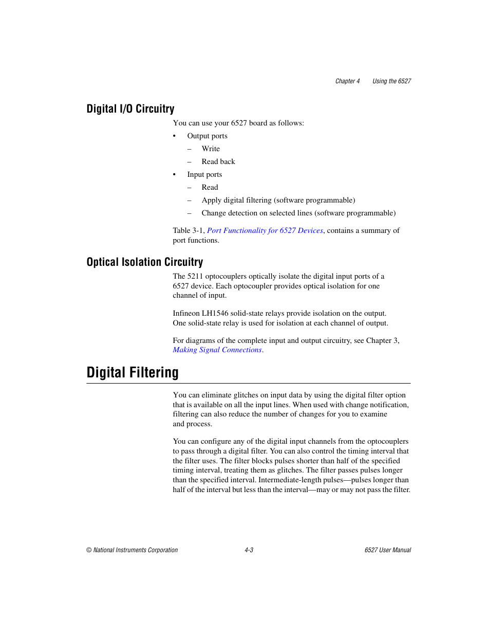 Digital i/o circuitry, Optical isolation circuitry, Digital filtering | Digital filtering -3 | National Instruments 6527 User Manual | Page 32 / 47