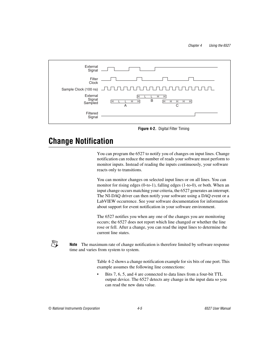 Figure 4-2. digital filter timing, Change notification, Change notification -5 | National Instruments 6527 User Manual | Page 34 / 47