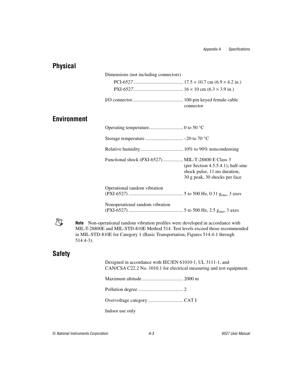 Physical, Environment, Safety | National Instruments 6527 User Manual | Page 38 / 47