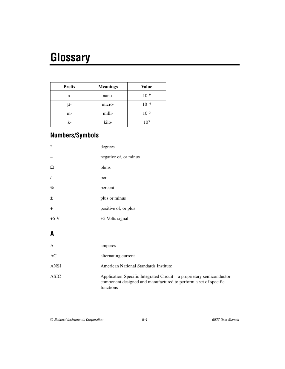 Glossary, Numbers/symbols | National Instruments 6527 User Manual | Page 41 / 47