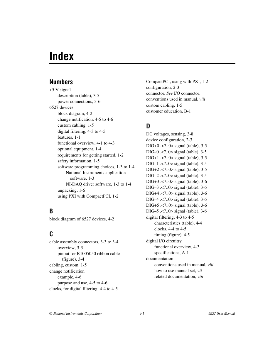 Index, Numbers | National Instruments 6527 User Manual | Page 45 / 47