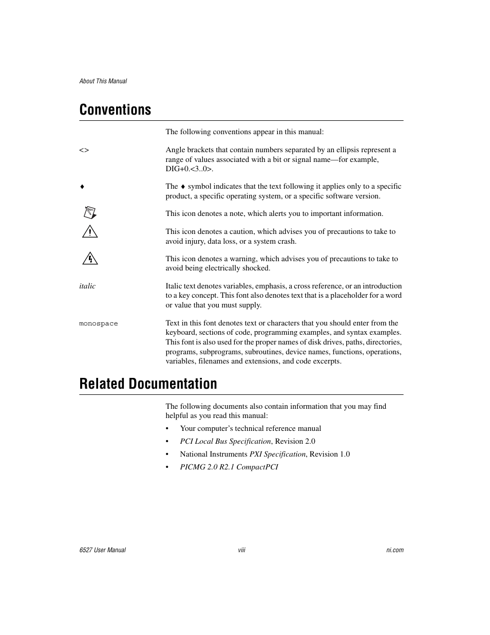 Conventions, Related documentation | National Instruments 6527 User Manual | Page 7 / 47