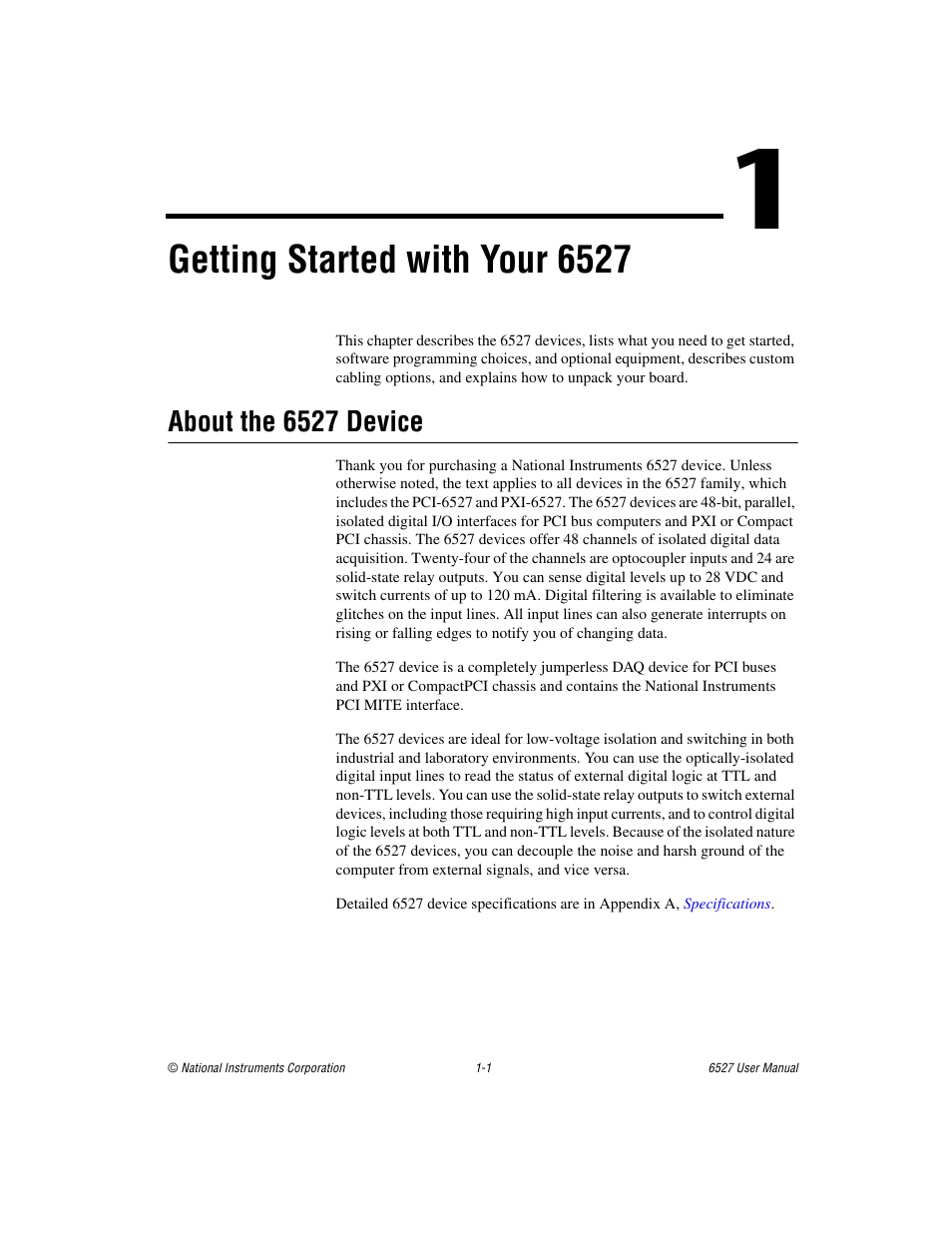 Chapter 1 getting started with your 6527, About the 6527 device, About the 6527 device -1 | Getting started with your 6527 | National Instruments 6527 User Manual | Page 8 / 47