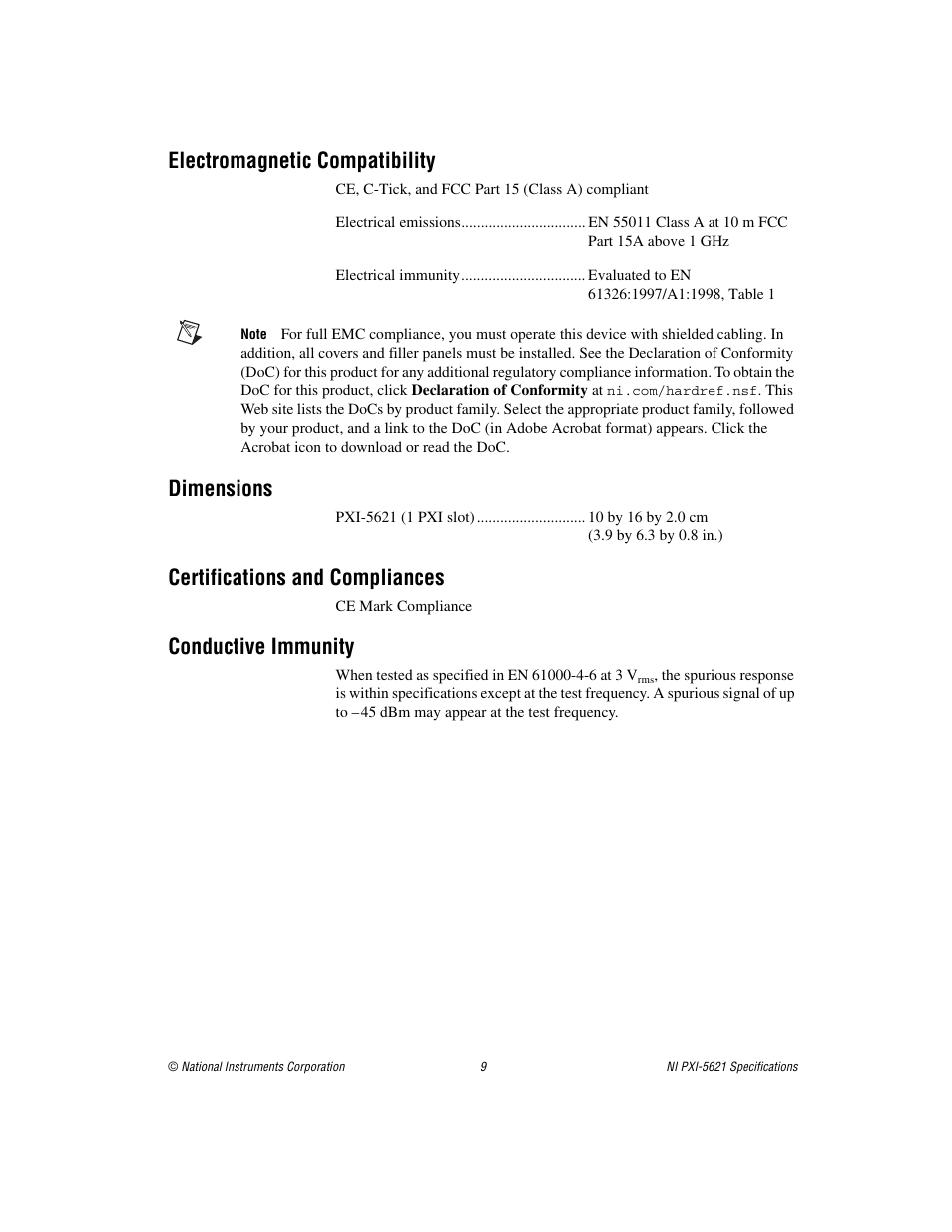 Electromagnetic compatibility, Dimensions, Certifications and compliances | Conductive immunity | National Instruments NI PXI-5621 User Manual | Page 9 / 9