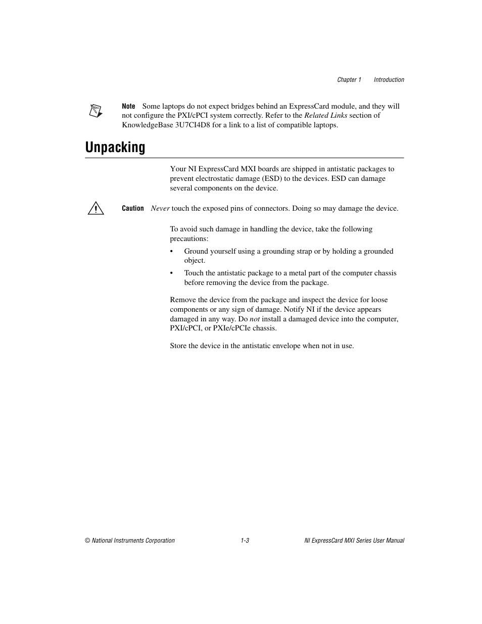 Unpacking, Unpacking -3 | National Instruments NI PXIe-8360 User Manual | Page 11 / 40