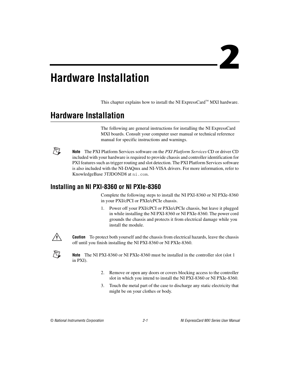 Chapter 2 hardware installation, Hardware installation, Installing an ni pxi-8360 or ni pxie-8360 | Hardware installation -1, Installing an ni pxi-8360 or ni pxie-8360 -1 | National Instruments NI PXIe-8360 User Manual | Page 12 / 40