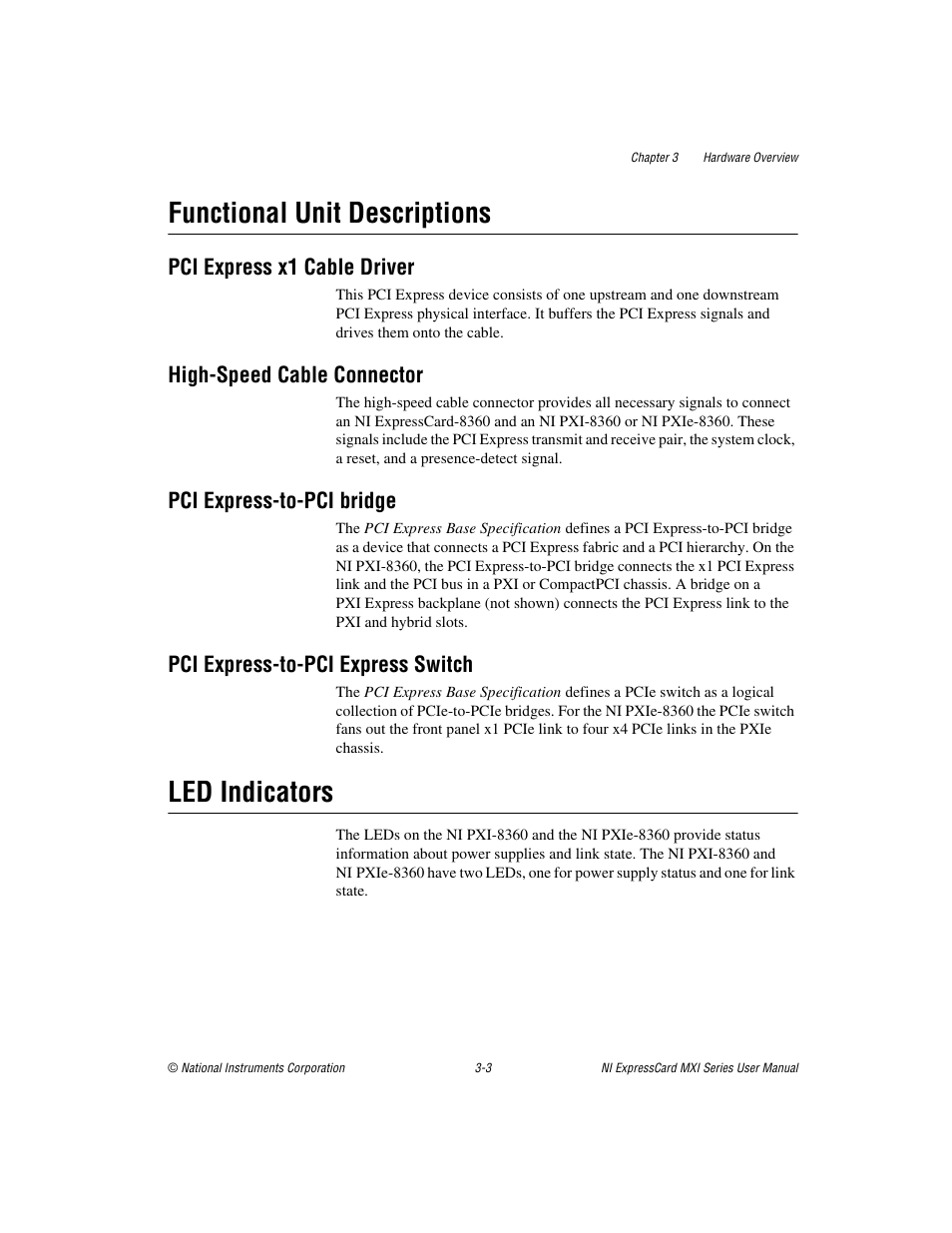Functional unit descriptions, Pci express x1 cable driver, High-speed cable connector | Pci express-to-pci bridge, Pci express-to-pci express switch, Led indicators, Functional unit descriptions -3, Led indicators -3 | National Instruments NI PXIe-8360 User Manual | Page 19 / 40