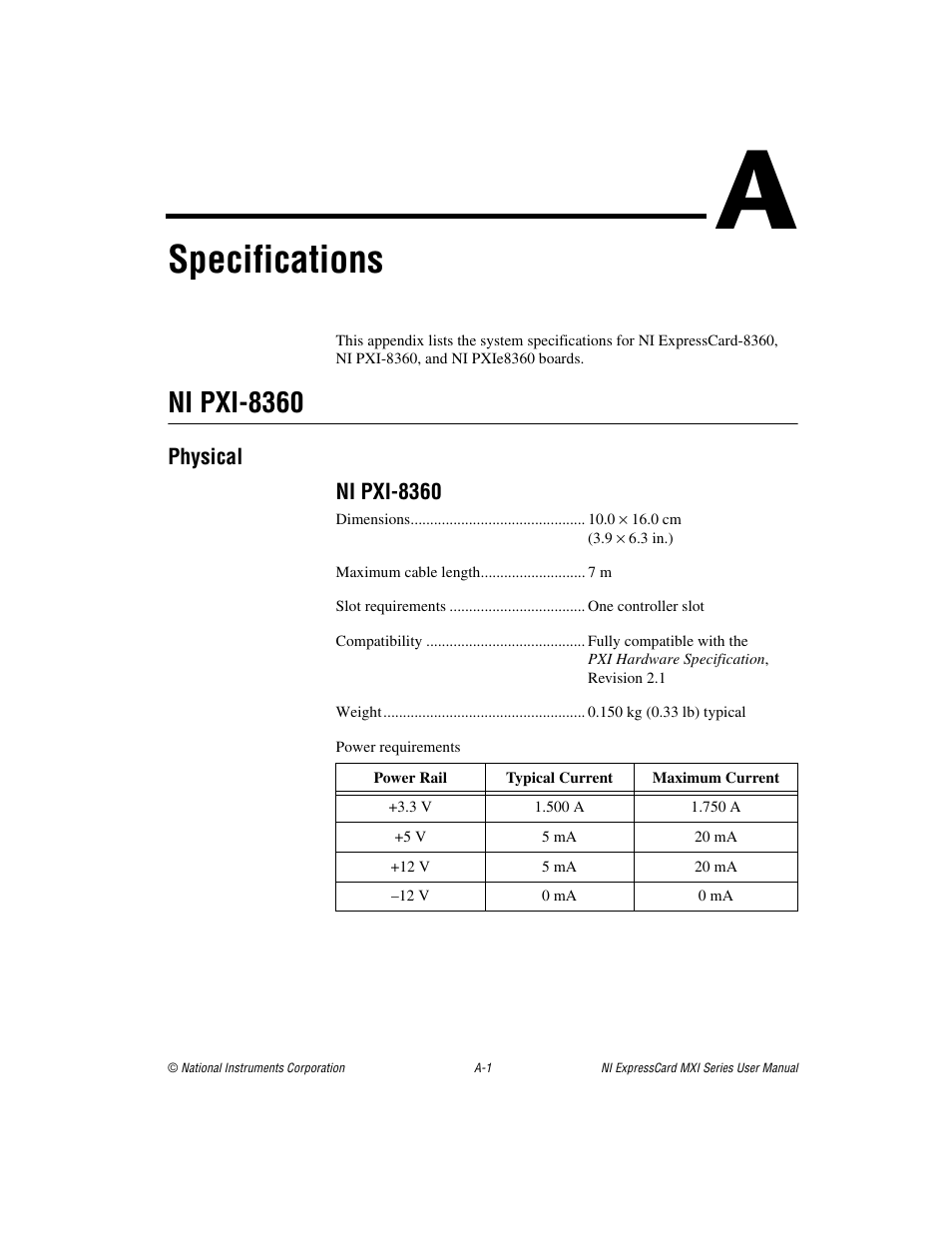 Appendix a specifications, Specifications, Ni pxi-8360 | National Instruments NI PXIe-8360 User Manual | Page 21 / 40