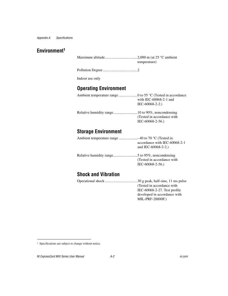 Environment, Operating environment, Storage environment | Shock and vibration | National Instruments NI PXIe-8360 User Manual | Page 22 / 40