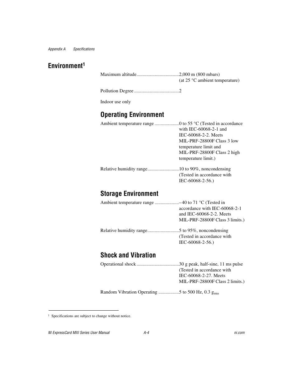 Environment, Operating environment, Storage environment | Shock and vibration | National Instruments NI PXIe-8360 User Manual | Page 24 / 40