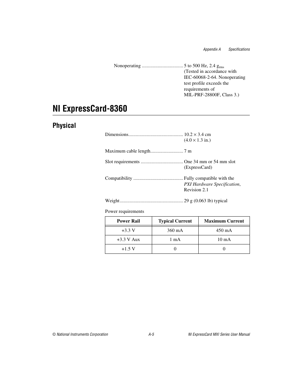 Ni expresscard-8360, Physical | National Instruments NI PXIe-8360 User Manual | Page 25 / 40