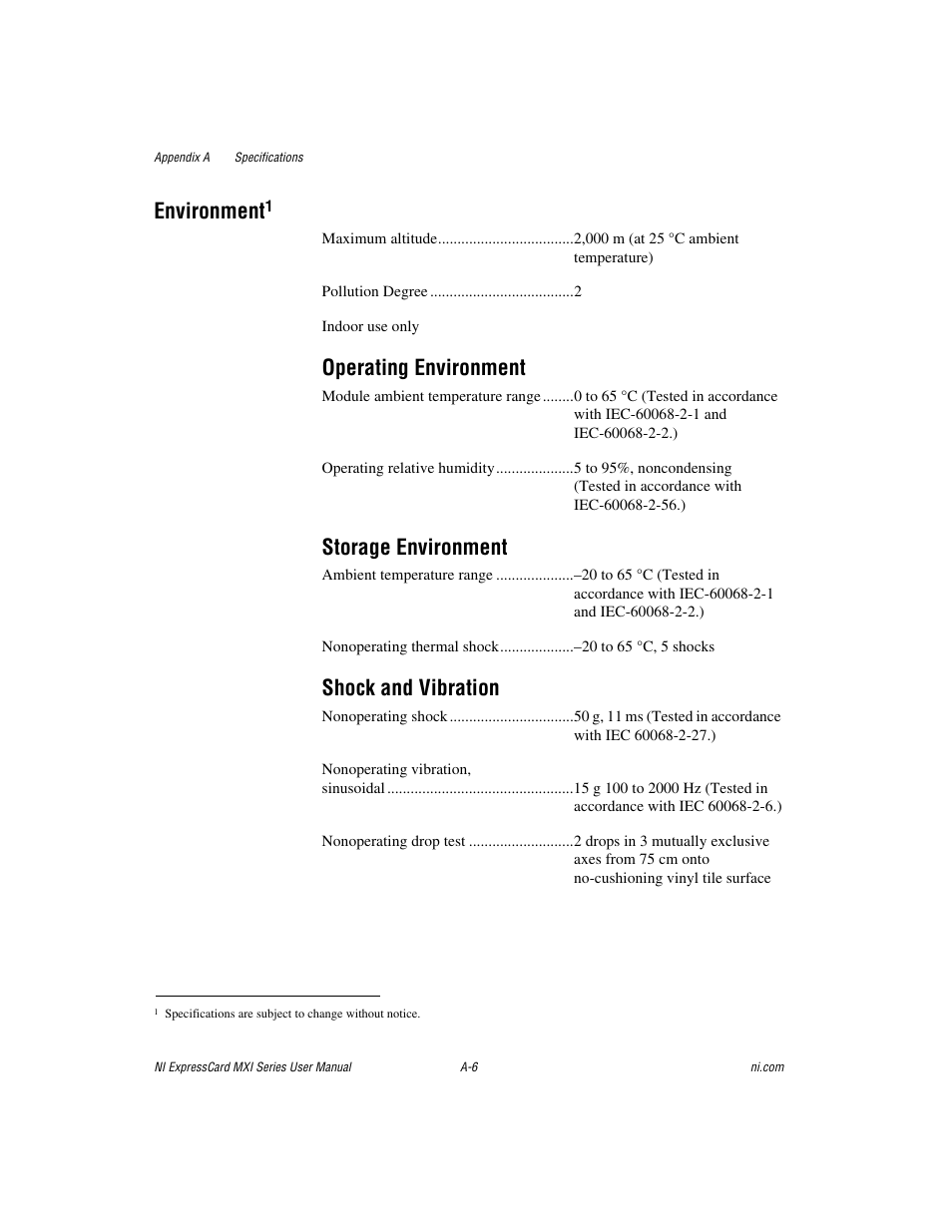 Environment, Operating environment, Storage environment | Shock and vibration | National Instruments NI PXIe-8360 User Manual | Page 26 / 40