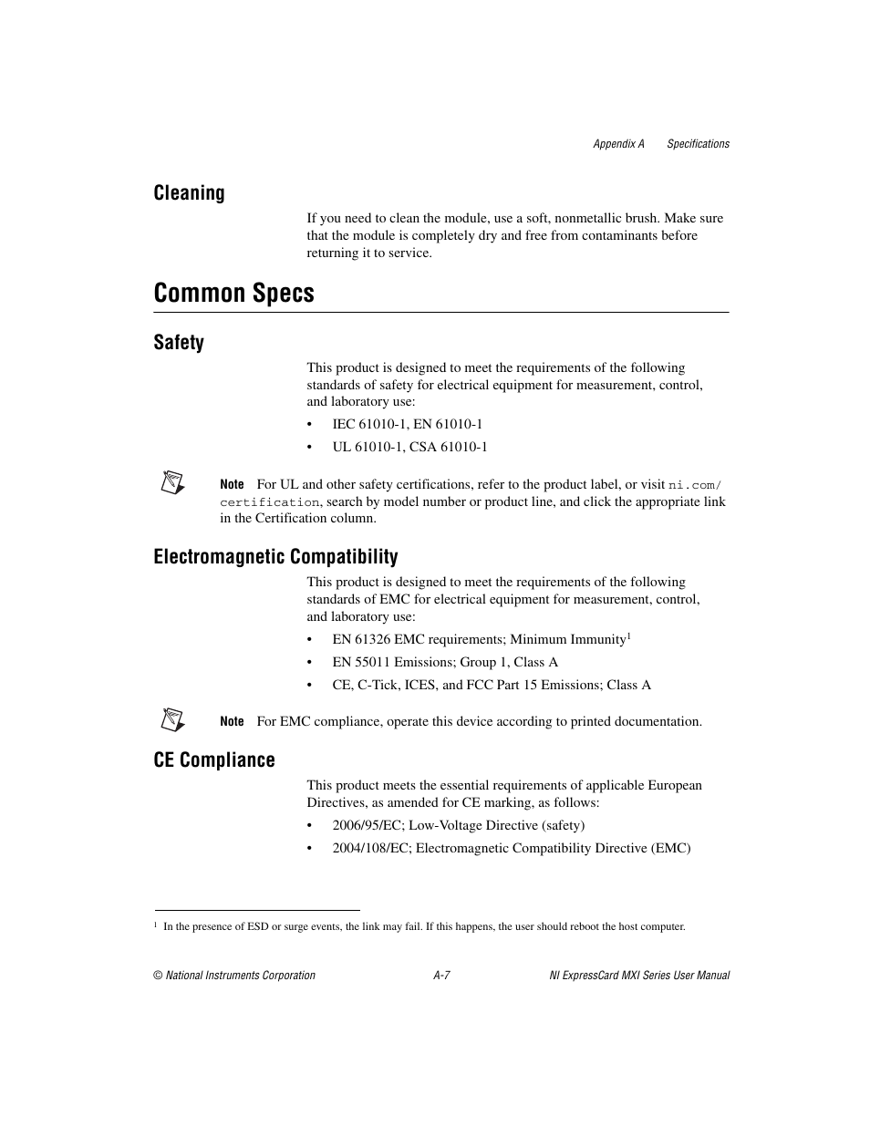 Common specs, Cleaning, Safety | Electromagnetic compatibility, Ce compliance | National Instruments NI PXIe-8360 User Manual | Page 27 / 40