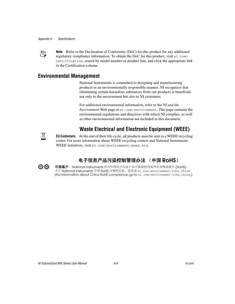 Rohs, Environmental management, Waste electrical and electronic equipment (weee) | ᄤֵᙃѻક∵ᶧ᥻ࠊㅵ⧚ࡲ⊩ ˄ё | National Instruments NI PXIe-8360 User Manual | Page 28 / 40