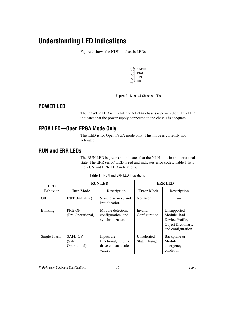 Understanding led indications, Figure 9. ni 9144 chassis leds, Power led | Fpga led—open fpga mode only, Run and err leds, Table 1. run and err led indications | National Instruments Deterministic Ethernet Expansion Chassis NI 9144 User Manual | Page 10 / 65