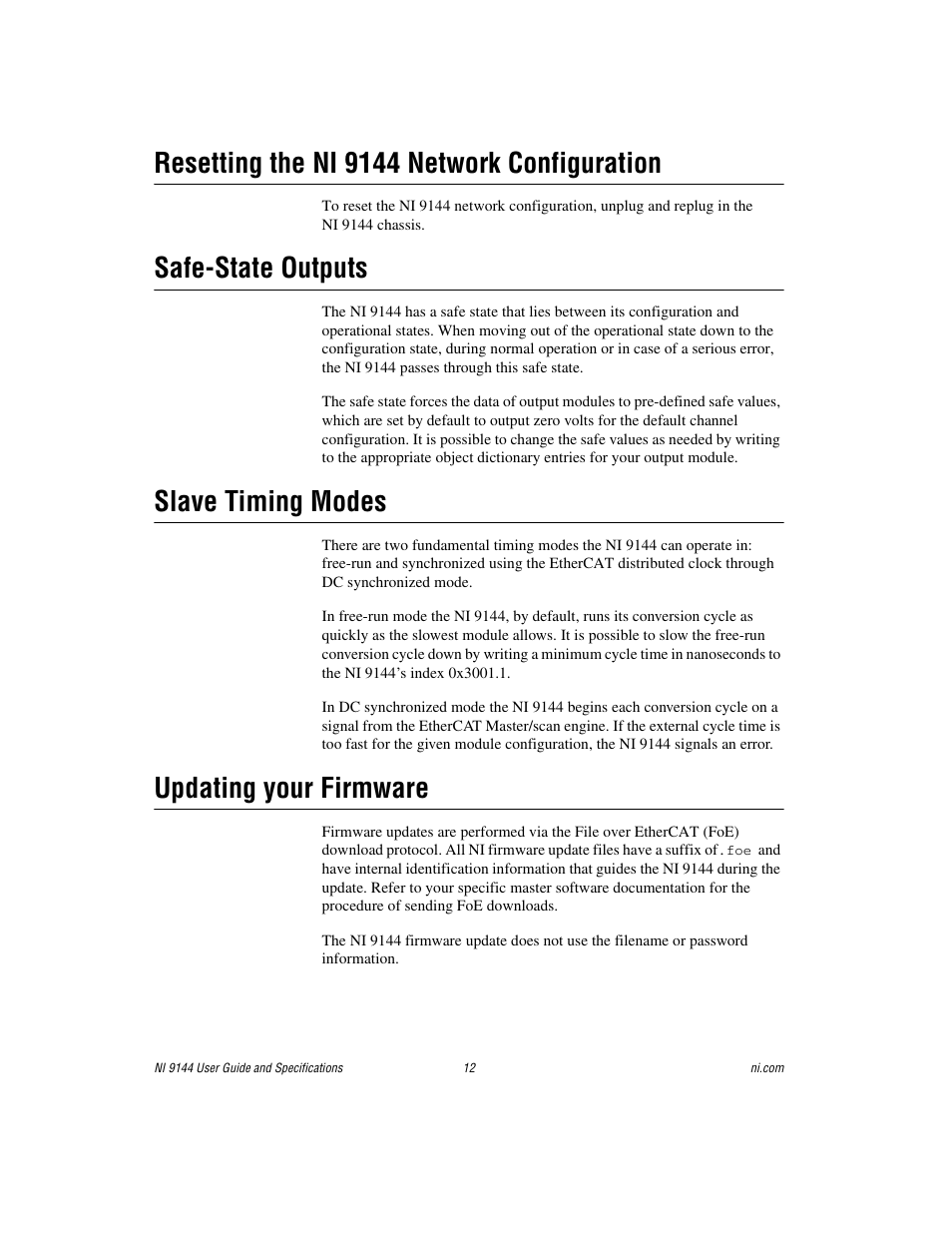 Resetting the ni 9144 network configuration, Safe-state outputs, Slave timing modes | Updating your firmware, Updating your, Firmware, Section | National Instruments Deterministic Ethernet Expansion Chassis NI 9144 User Manual | Page 12 / 65