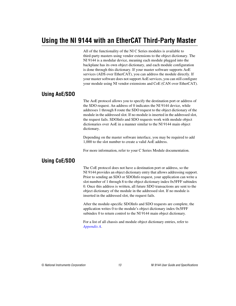Using aoe/sdo, Using coe/sdo, Using aoe/sdo using coe/sdo | National Instruments Deterministic Ethernet Expansion Chassis NI 9144 User Manual | Page 13 / 65