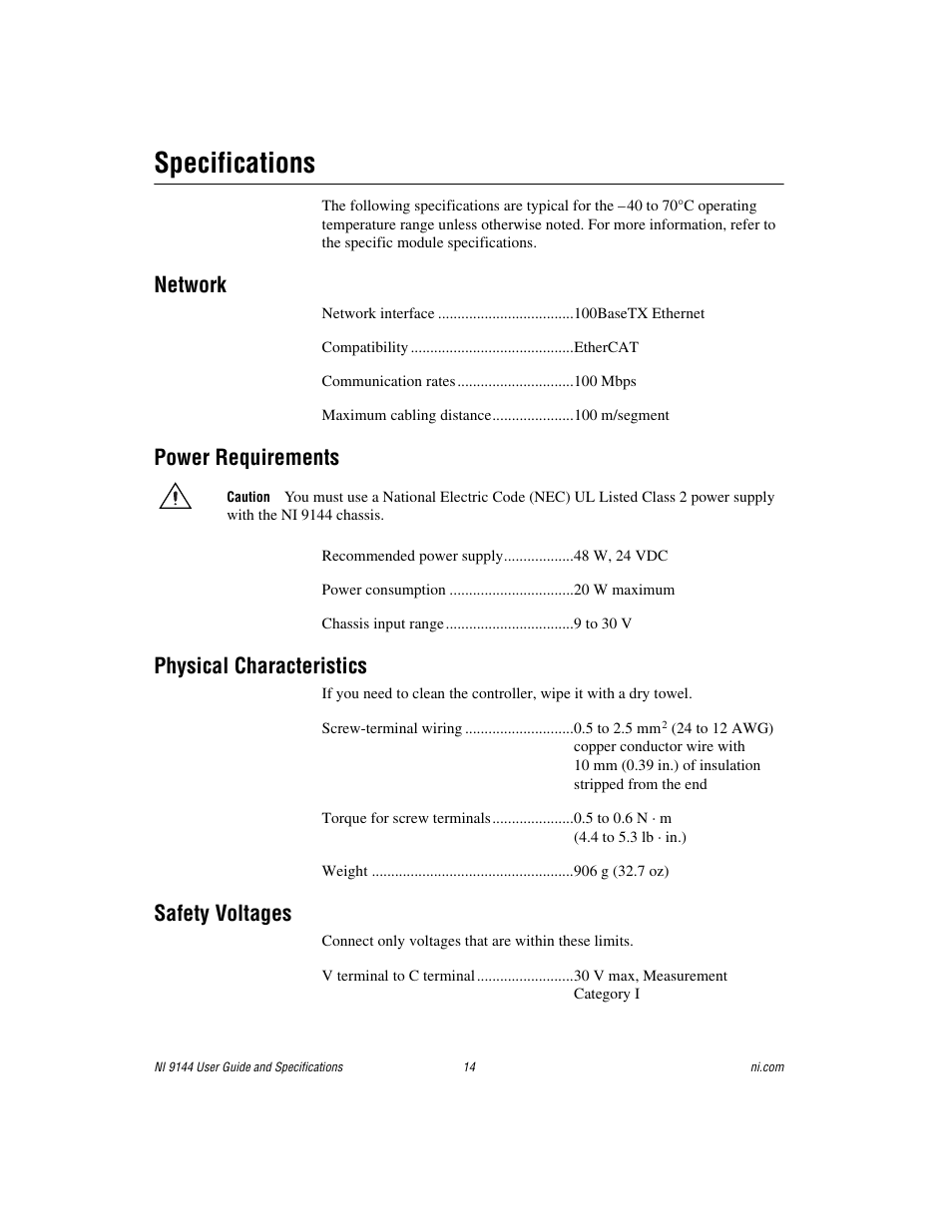 Specifications, Network, Power requirements | Physical characteristics, Safety voltages | National Instruments Deterministic Ethernet Expansion Chassis NI 9144 User Manual | Page 14 / 65
