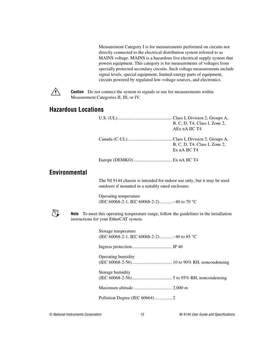 Hazardous locations, Environmental, Hazardous locations environmental | National Instruments Deterministic Ethernet Expansion Chassis NI 9144 User Manual | Page 15 / 65