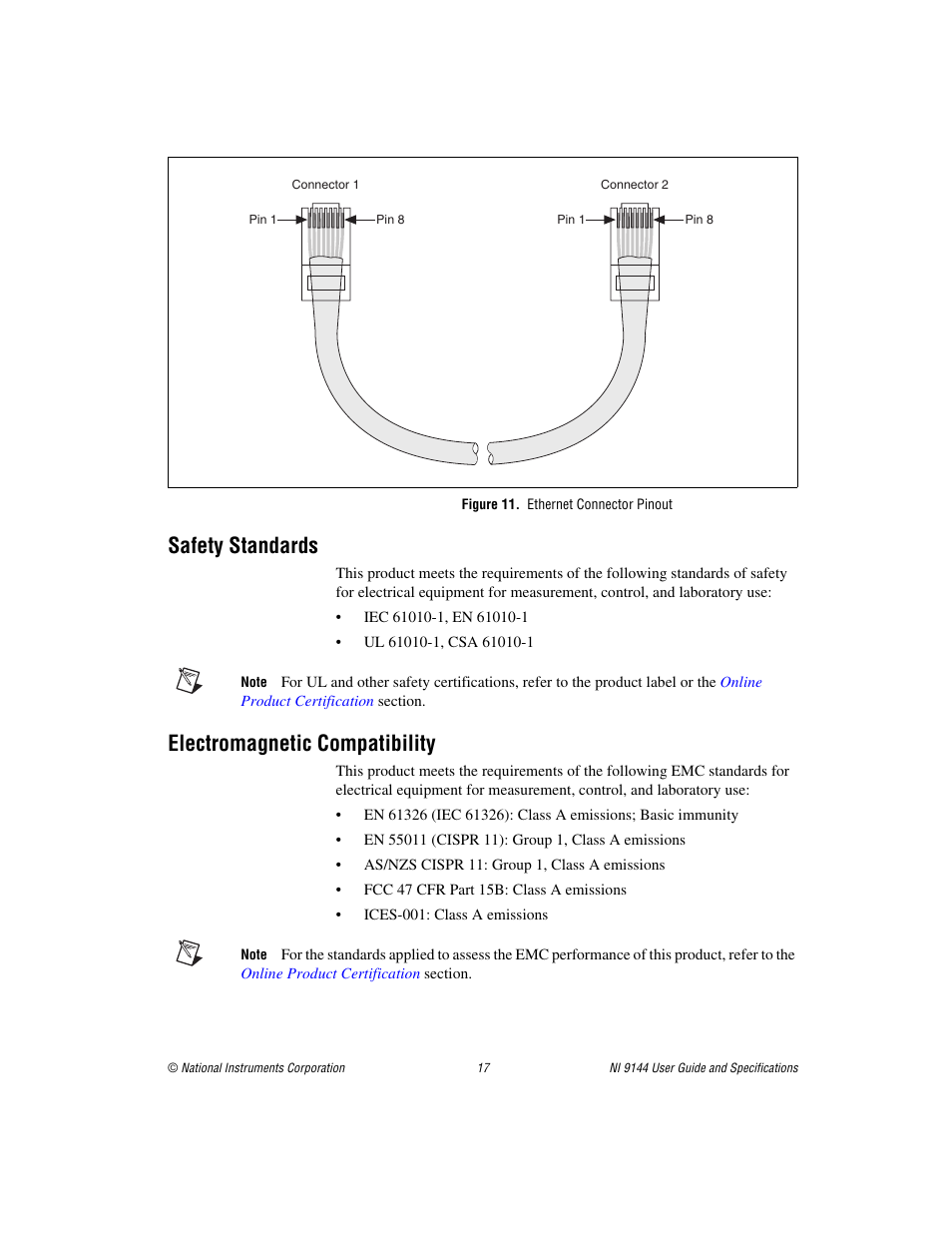 Figure 11. ethernet connector pinout, Safety standards, Electromagnetic compatibility | National Instruments Deterministic Ethernet Expansion Chassis NI 9144 User Manual | Page 17 / 65