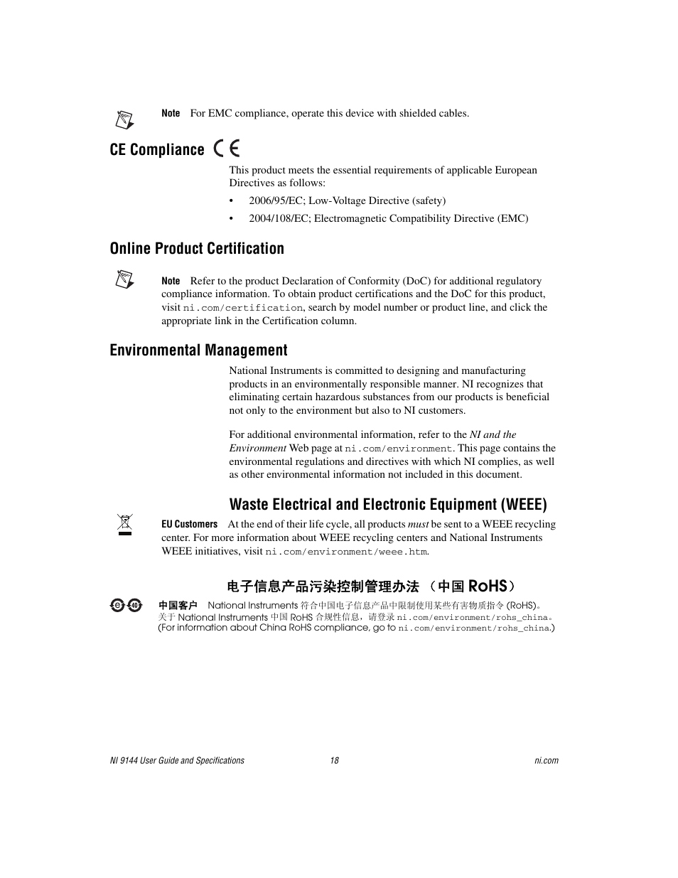 Ce compliance, Online product certification, Environmental management | Rohs, Waste electrical and electronic equipment (weee), ᄤֵᙃѻક∵ᶧ᥻ࠊㅵ⧚ࡲ⊩ ˄ё | National Instruments Deterministic Ethernet Expansion Chassis NI 9144 User Manual | Page 18 / 65