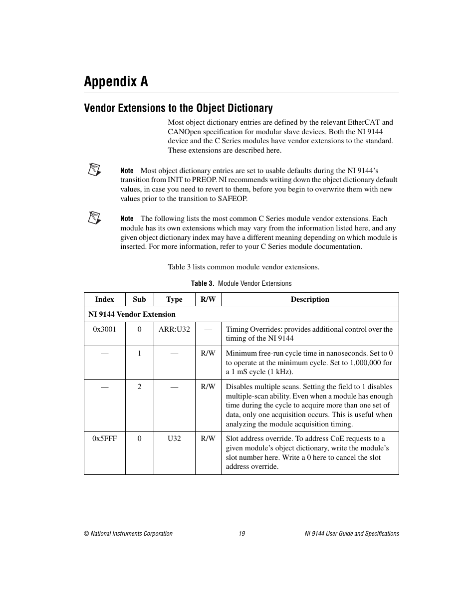 Appendix a, Vendor extensions to the object dictionary, Table 3. module vendor extensions | National Instruments Deterministic Ethernet Expansion Chassis NI 9144 User Manual | Page 19 / 65