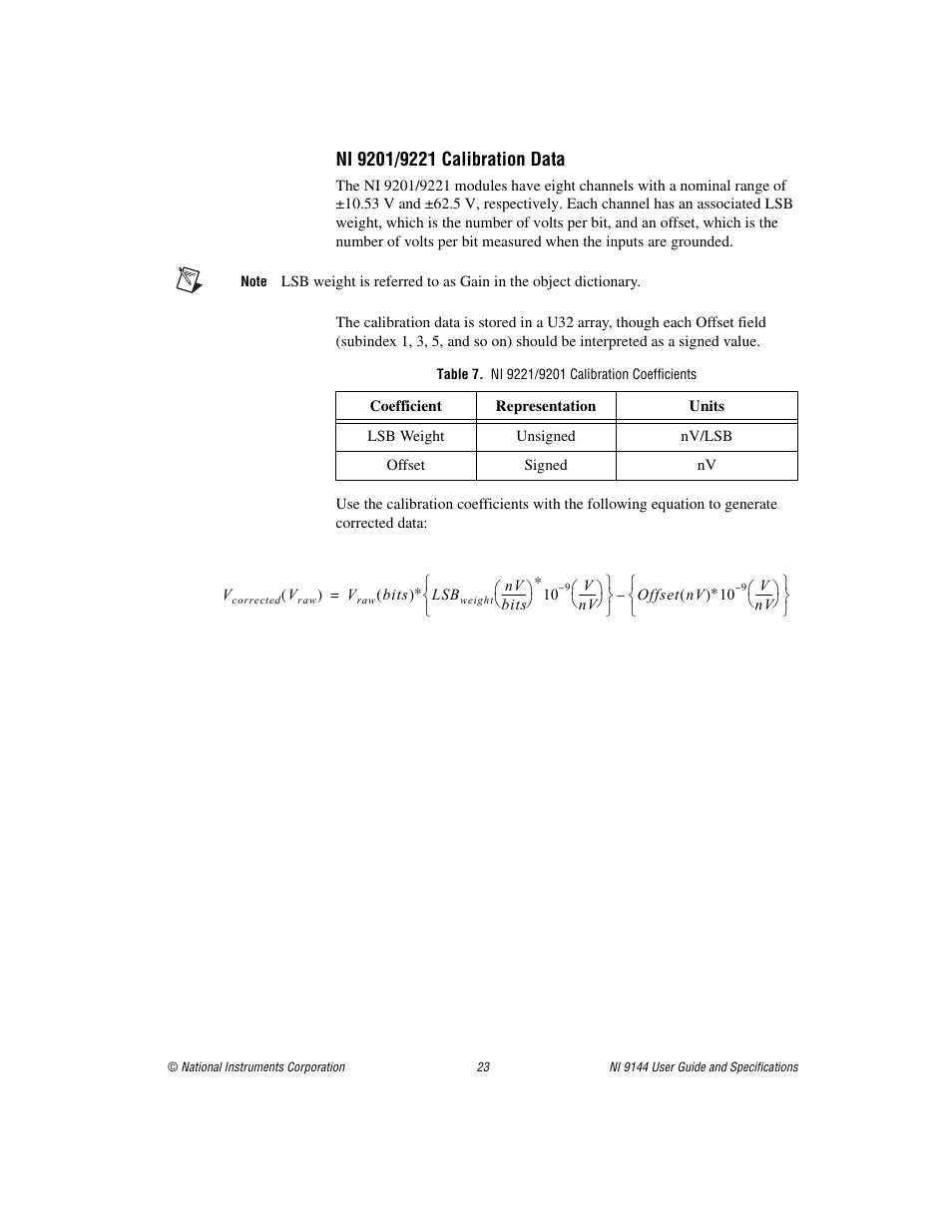 Table 7. ni 9221/9201 calibration coefficients | National Instruments Deterministic Ethernet Expansion Chassis NI 9144 User Manual | Page 23 / 65