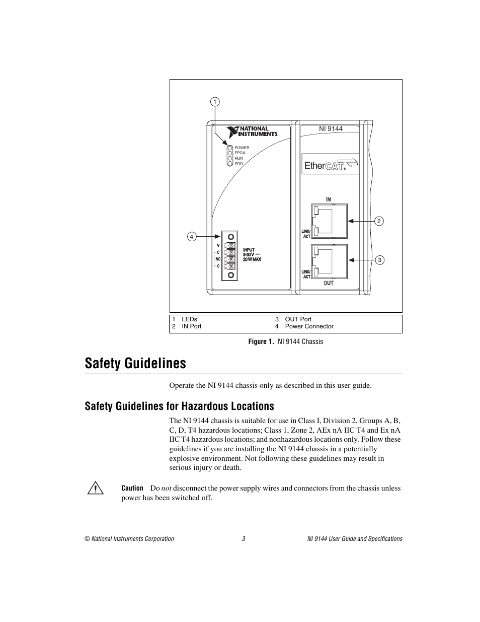 Figure 1. ni 9144 chassis, Safety guidelines, Safety guidelines for hazardous locations | Ether | National Instruments Deterministic Ethernet Expansion Chassis NI 9144 User Manual | Page 3 / 65