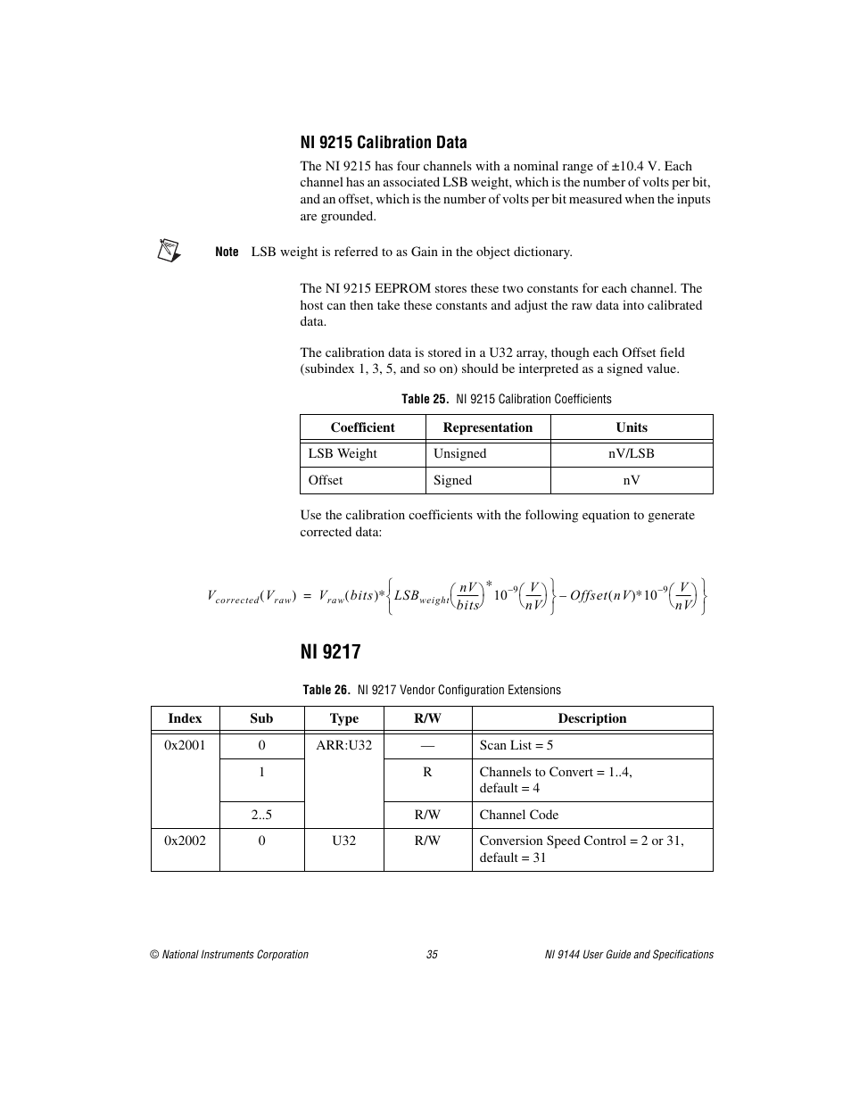 Table 25. ni 9215 calibration coefficients, Ni 9217, Table 26. ni 9217 vendor configuration extensions | Ni 9215 calibration data | National Instruments Deterministic Ethernet Expansion Chassis NI 9144 User Manual | Page 35 / 65