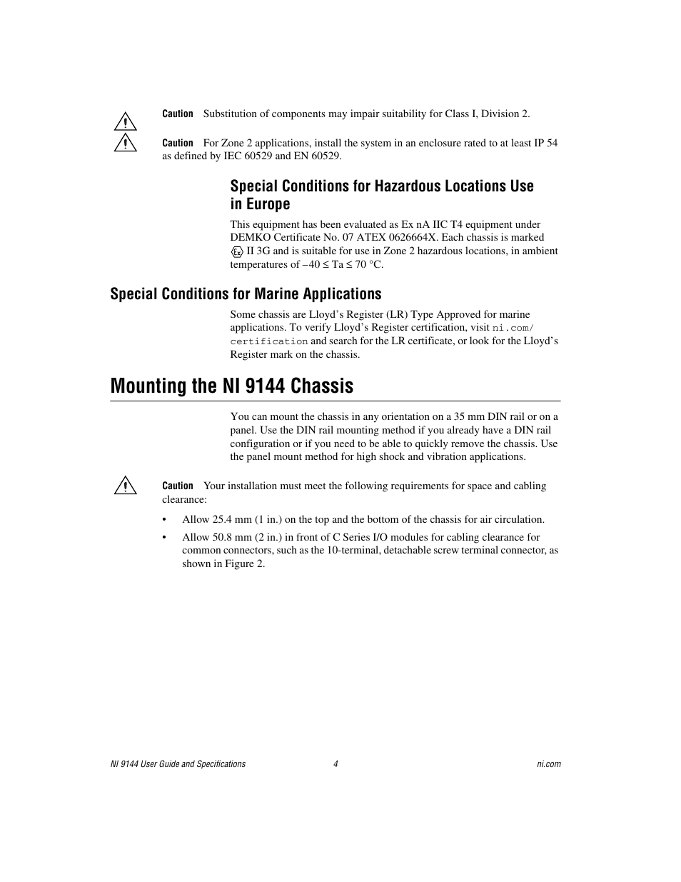 Special conditions for marine applications, Mounting the ni 9144 chassis, Special conditions for hazardous locations use | In europe | National Instruments Deterministic Ethernet Expansion Chassis NI 9144 User Manual | Page 4 / 65