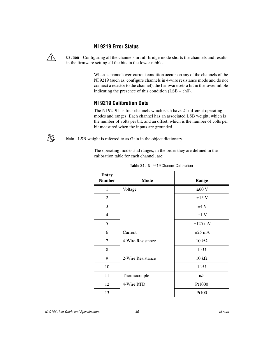 Table 34. ni 9219 channel calibration | National Instruments Deterministic Ethernet Expansion Chassis NI 9144 User Manual | Page 40 / 65
