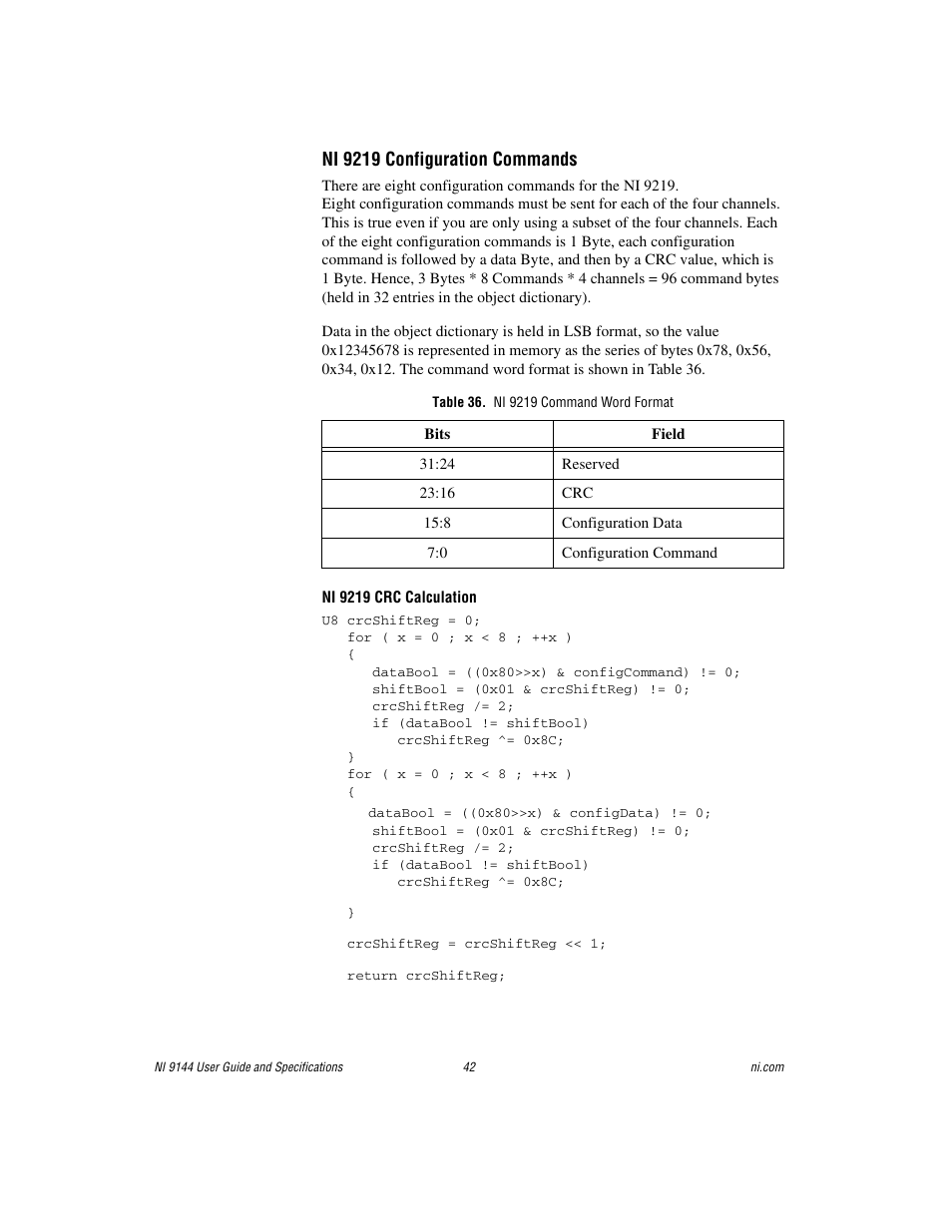 Table 36. ni 9219 command word format, Ni 9219 configuration commands | National Instruments Deterministic Ethernet Expansion Chassis NI 9144 User Manual | Page 42 / 65
