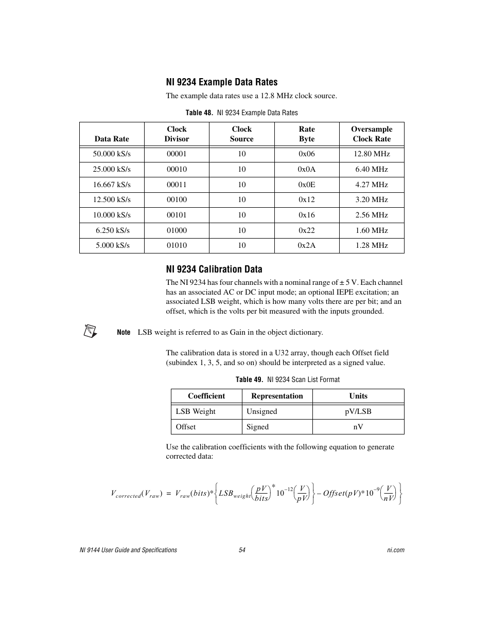 Table 48. ni 9234 example data rates, Table 49. ni 9234 scan list format | National Instruments Deterministic Ethernet Expansion Chassis NI 9144 User Manual | Page 54 / 65
