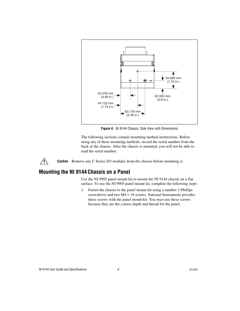 Mounting the ni 9144 chassis on a panel, Mounting the ni 9144, Chassis on a panel | National Instruments Deterministic Ethernet Expansion Chassis NI 9144 User Manual | Page 6 / 65