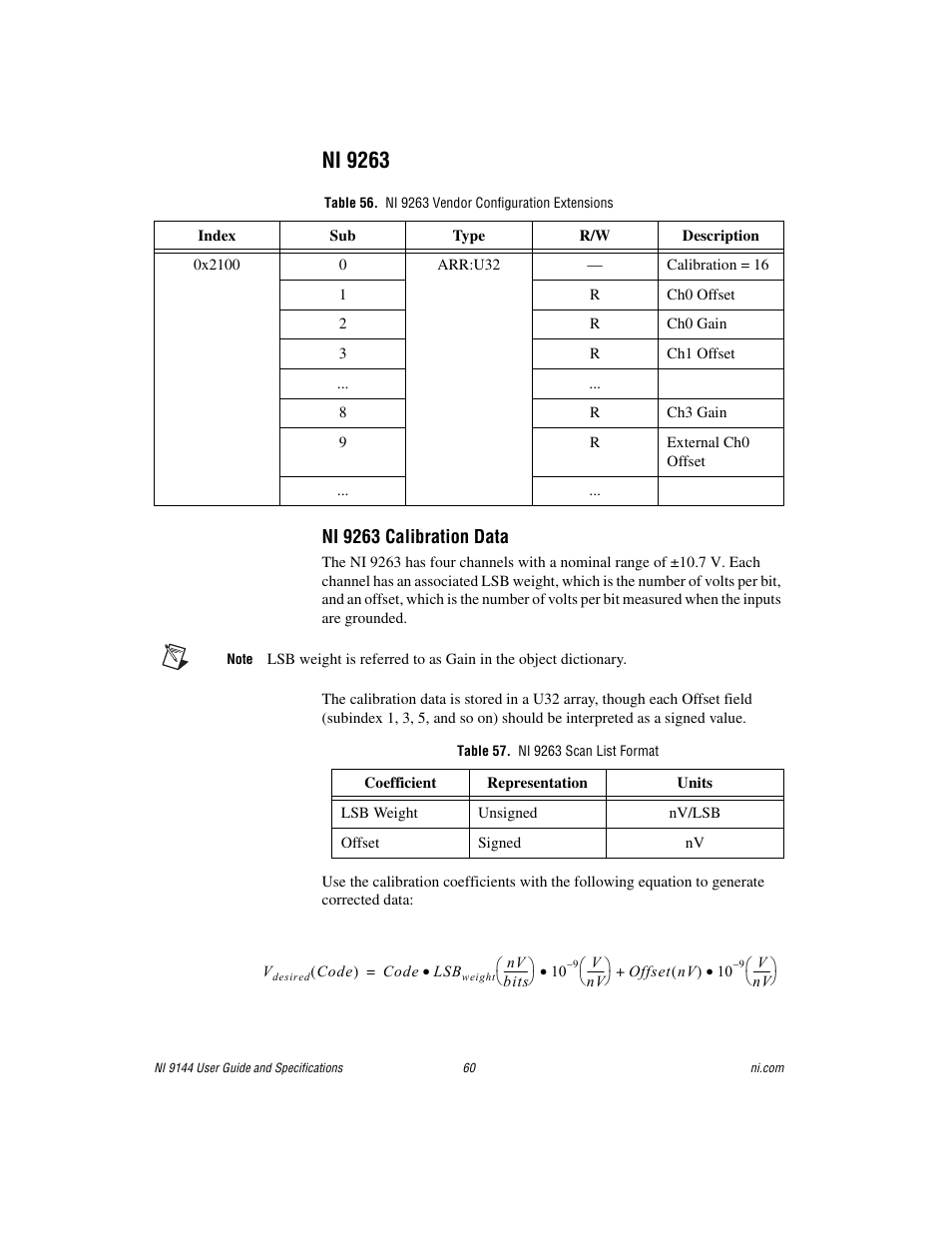 Ni 9263, Table 56. ni 9263 vendor configuration extensions, Table 57. ni 9263 scan list format | National Instruments Deterministic Ethernet Expansion Chassis NI 9144 User Manual | Page 60 / 65
