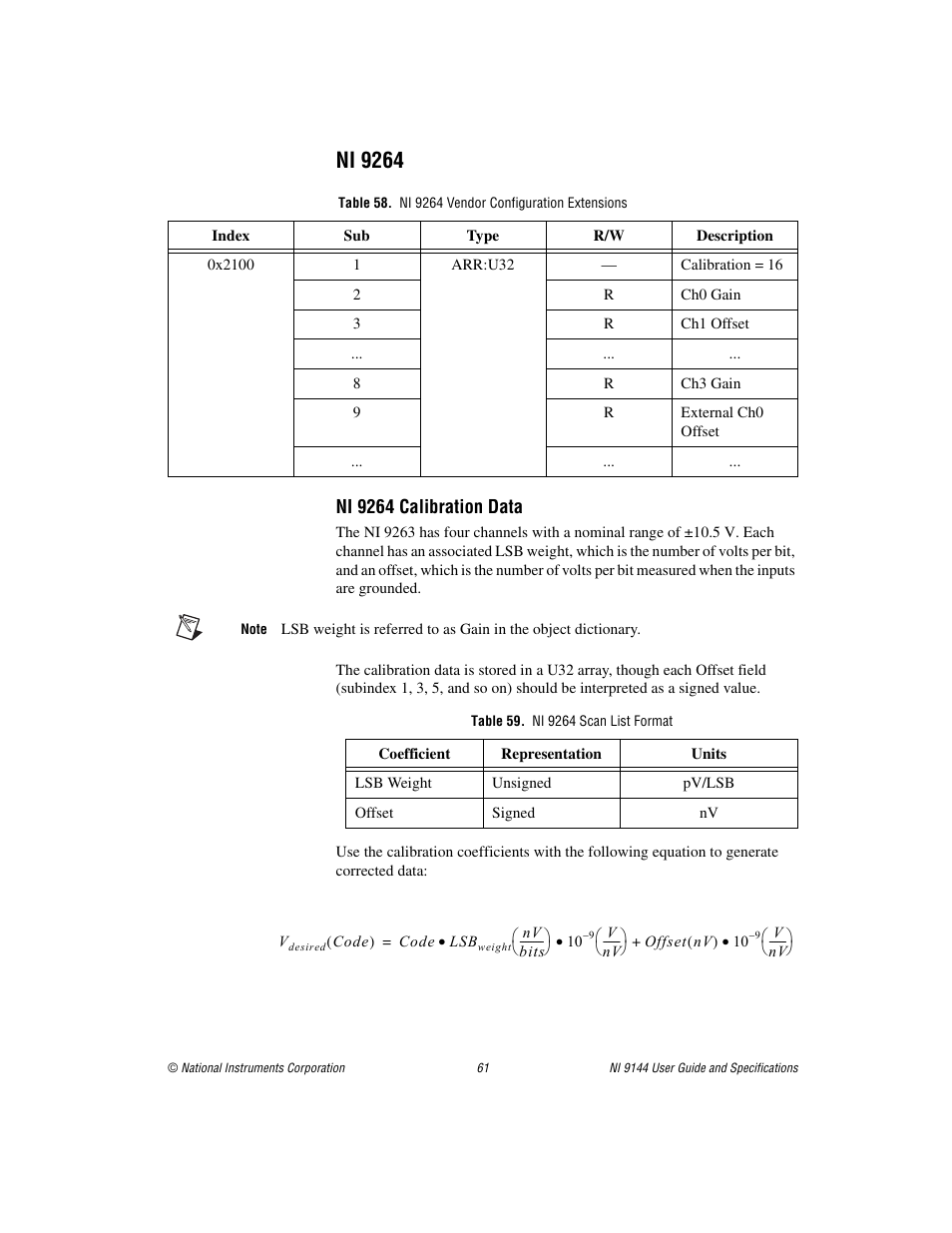 Ni 9264, Table 58. ni 9264 vendor configuration extensions, Table 59. ni 9264 scan list format | National Instruments Deterministic Ethernet Expansion Chassis NI 9144 User Manual | Page 61 / 65