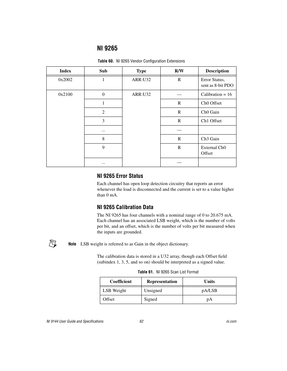 Ni 9265, Table 60. ni 9265 vendor configuration extensions, Table 61. ni 9265 scan list format | National Instruments Deterministic Ethernet Expansion Chassis NI 9144 User Manual | Page 62 / 65