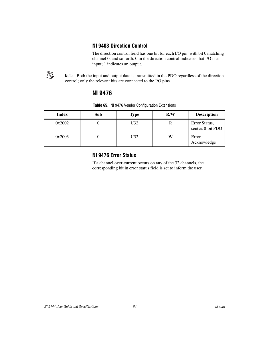 Ni 9476, Table 65. ni 9476 vendor configuration extensions | National Instruments Deterministic Ethernet Expansion Chassis NI 9144 User Manual | Page 64 / 65