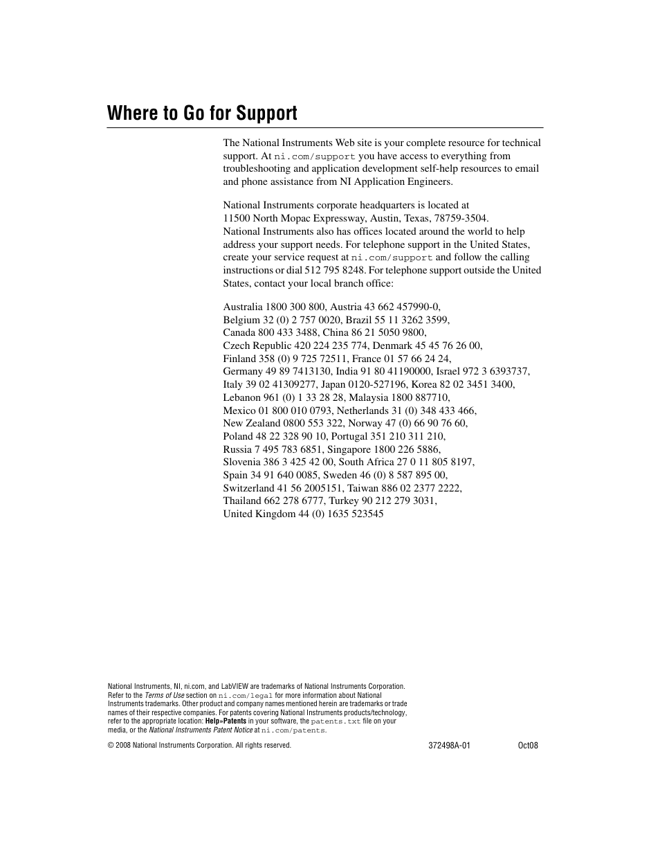 Where to go for support | National Instruments Deterministic Ethernet Expansion Chassis NI 9144 User Manual | Page 65 / 65