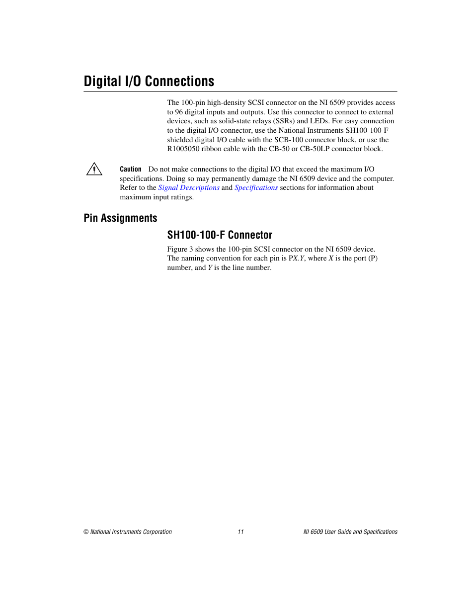 Digital i/o connections, Pin assignments, Sh100-100-f connector | National Instruments NI 6509 User Manual | Page 11 / 23