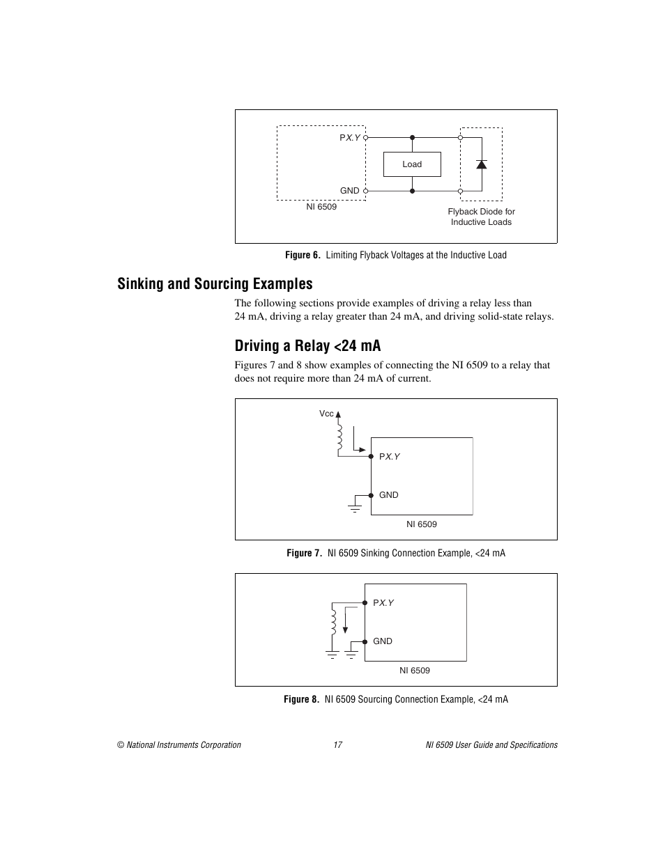 Sinking and sourcing examples, Driving a relay <24 ma | National Instruments NI 6509 User Manual | Page 17 / 23