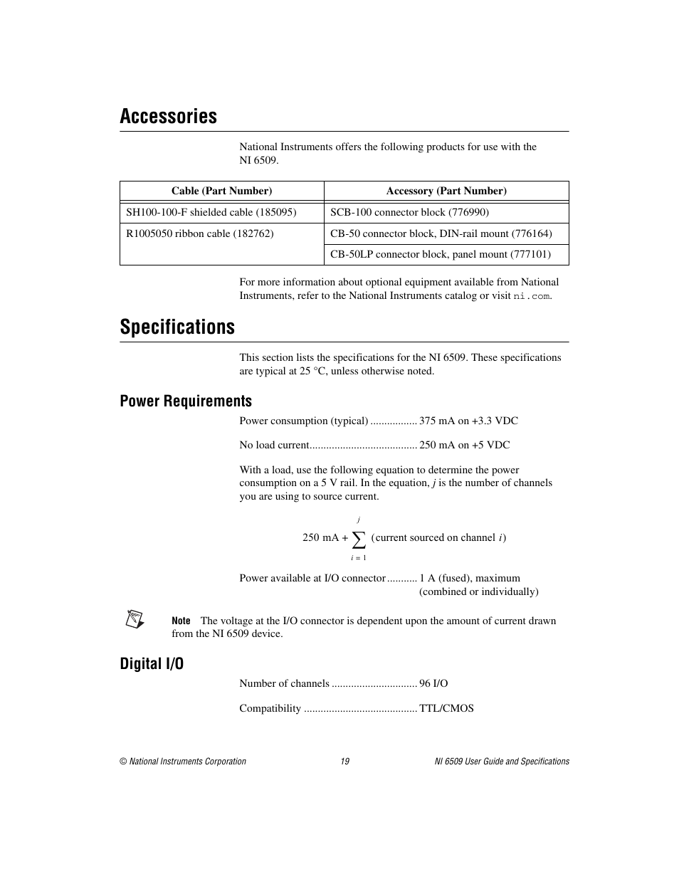 Accessories, Specifications, Accessories specifications | Power requirements, Digital i/o | National Instruments NI 6509 User Manual | Page 19 / 23