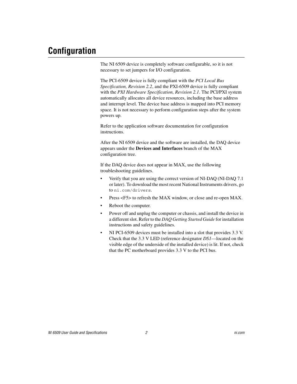 Configuration | National Instruments NI 6509 User Manual | Page 2 / 23