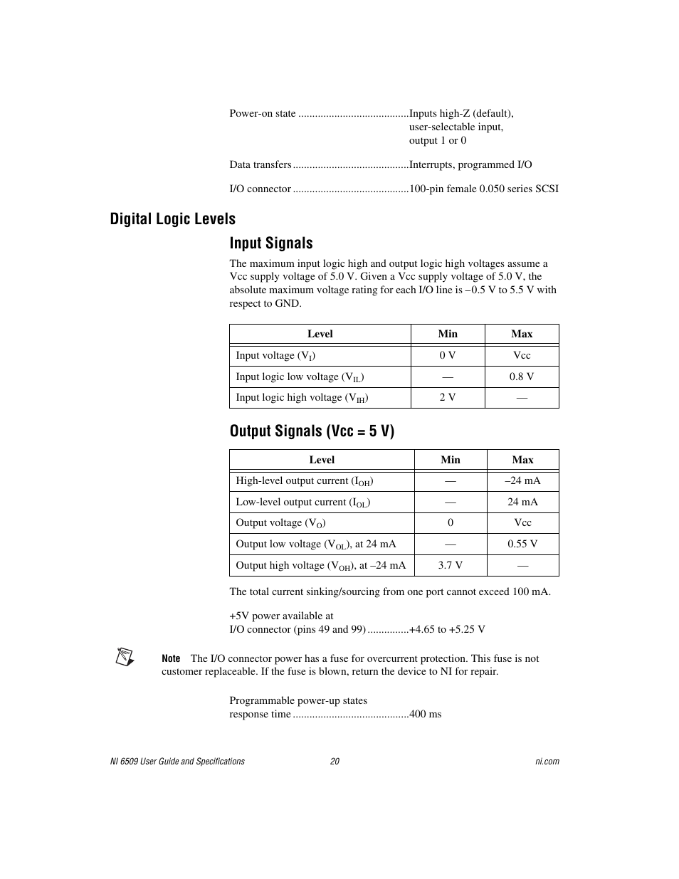 Digital logic levels input signals, Output signals (vcc = 5 v) | National Instruments NI 6509 User Manual | Page 20 / 23