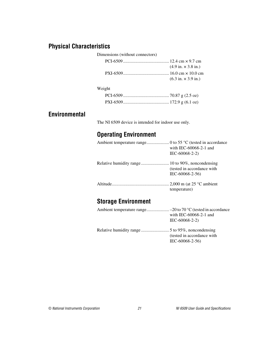 Physical characteristics, Environmental, Operating environment | Storage environment | National Instruments NI 6509 User Manual | Page 21 / 23