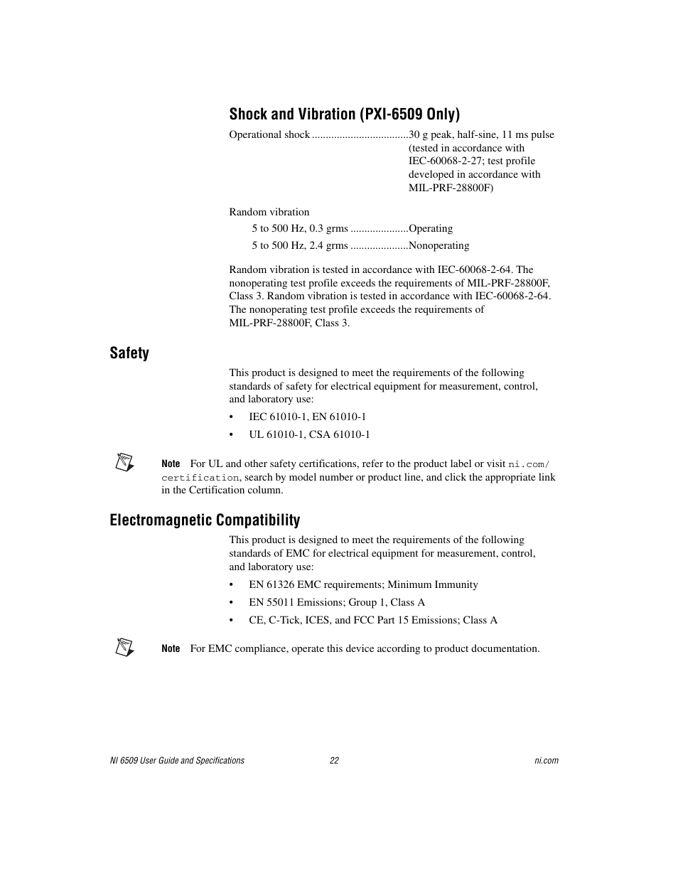 Shock and vibration (pxi-6509 only), Safety, Electromagnetic compatibility | National Instruments NI 6509 User Manual | Page 22 / 23