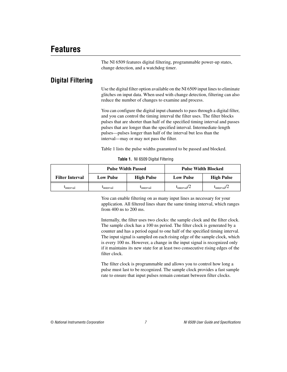 Features, Digital filtering, Table 1. ni 6509 digital filtering | National Instruments NI 6509 User Manual | Page 7 / 23