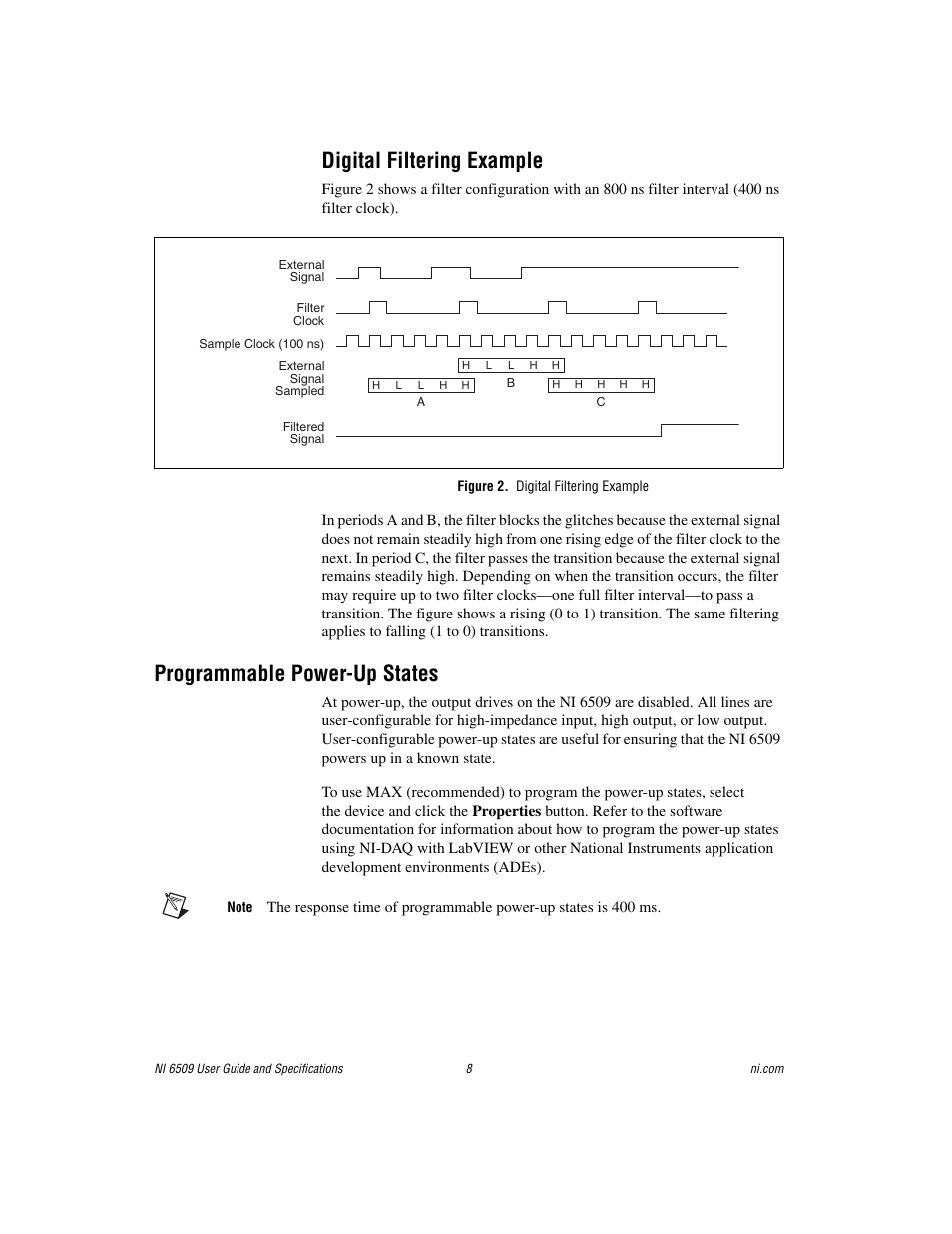 Digital filtering example, Figure 2. digital filtering example, Programmable power-up states | National Instruments NI 6509 User Manual | Page 8 / 23